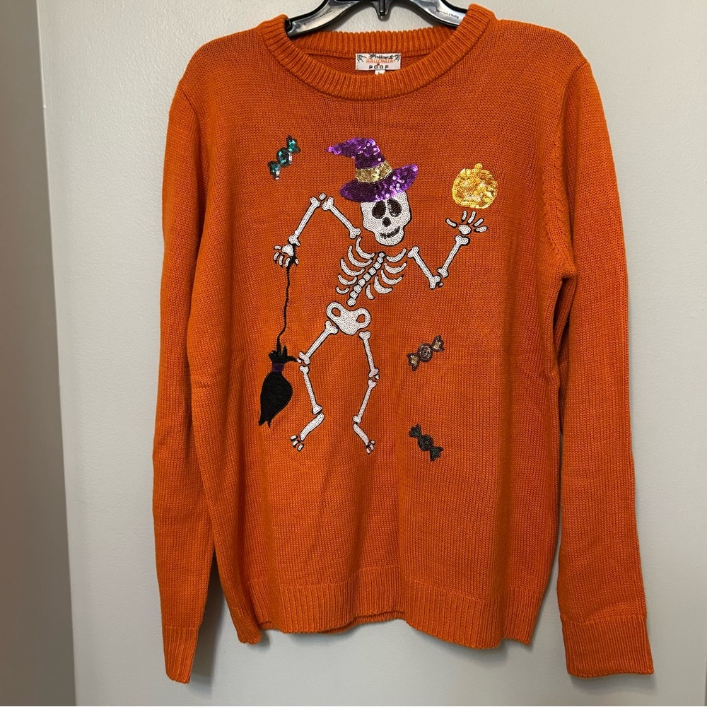 Halloween Sequined Skeleton Orange Crewneck Sweater Size L Happy Halloween Poof